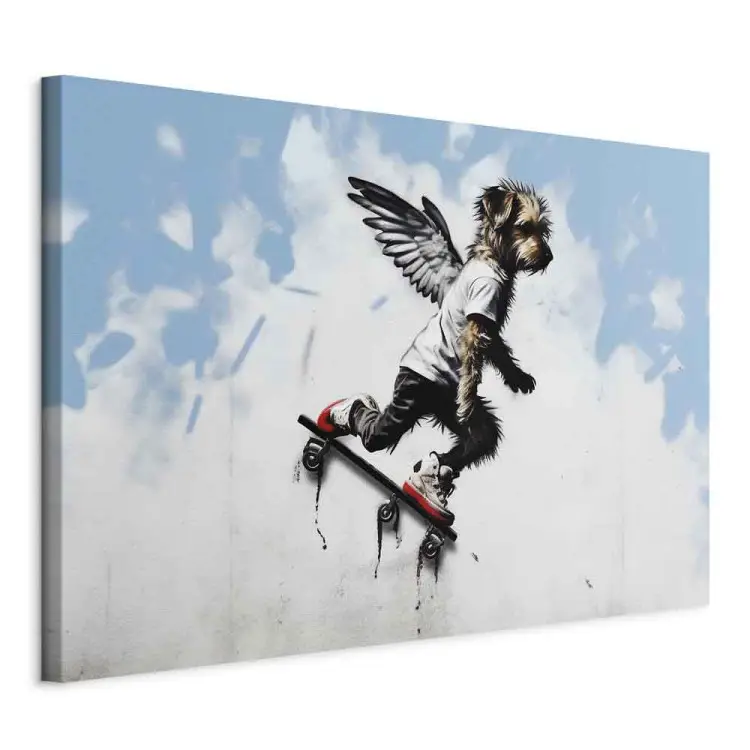 Pies na deskorolce - graffiti przedstawiające zwierzaka w stylu Banksy