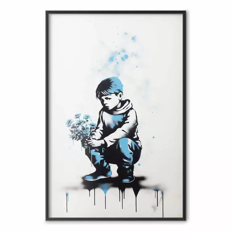 Niebieskie graffiti - chłopiec z bukietem inspirowany stylem Banksy