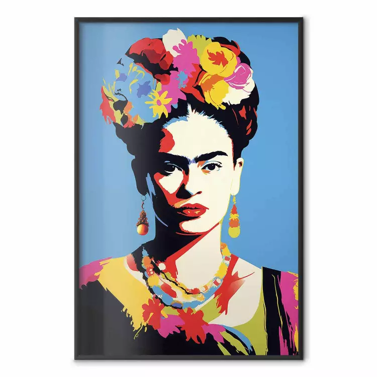 Niebieski portret - Frida Kahlo z kwiatami we włosach w stylu pop-art