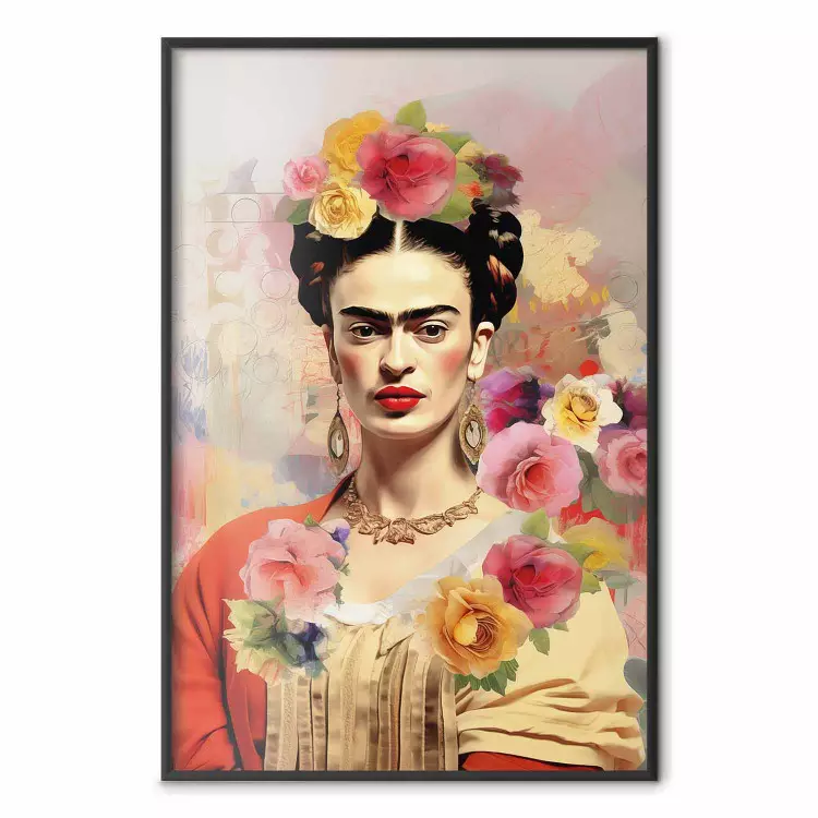 Subtelny portret - Frida Kahlo na rozmytym tle pełnym kwiatów