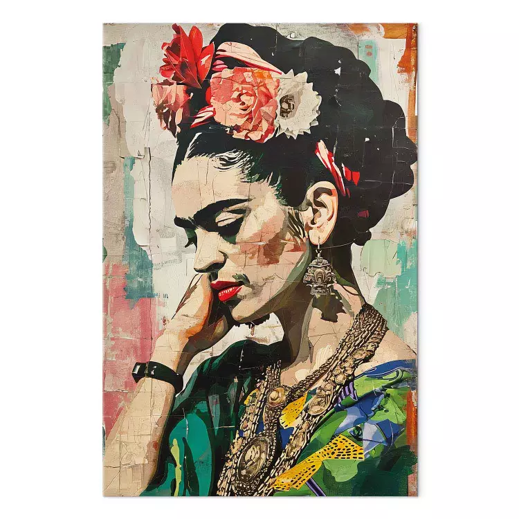 Frida Kahlo - kolorowy portret kobiety na popękanej ścianie [Large Format]