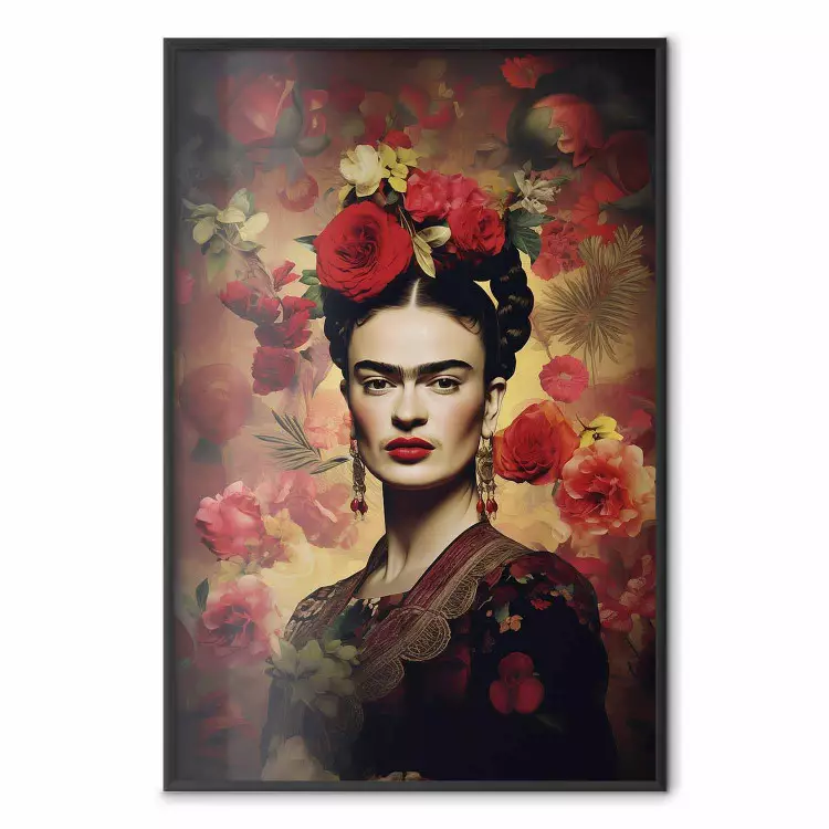 Portret z różami - Frida Kahlo na brązowym tle pełnym kwiatów