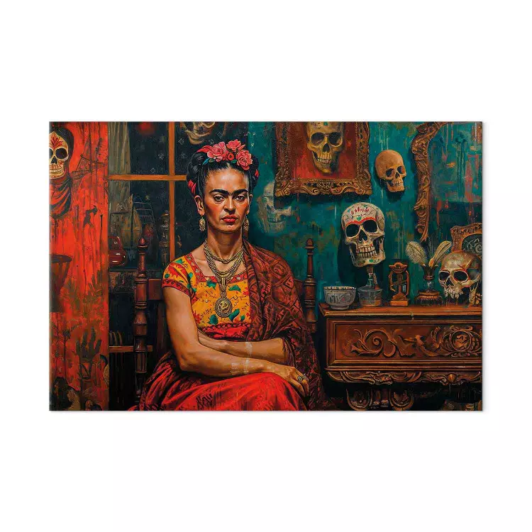 Frida Kahlo - kompozycja z malarką siedzącą w pokoju z czaszkami [Large Format]