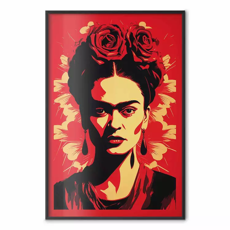 Portret Fridy - plakatowe przedstawienie malarki na czerwonym tle
