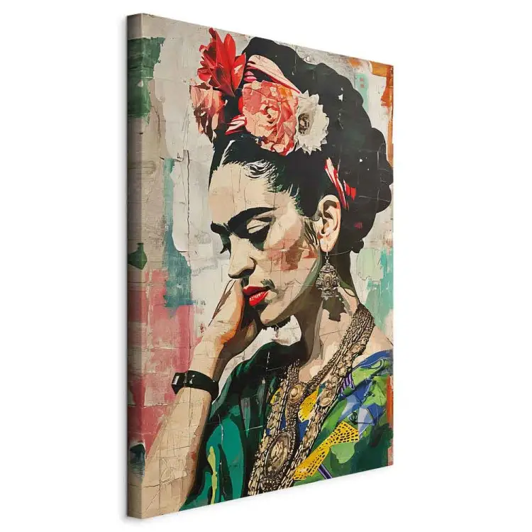 Frida Kahlo - kolorowy portret kobiety na popękanej ścianie