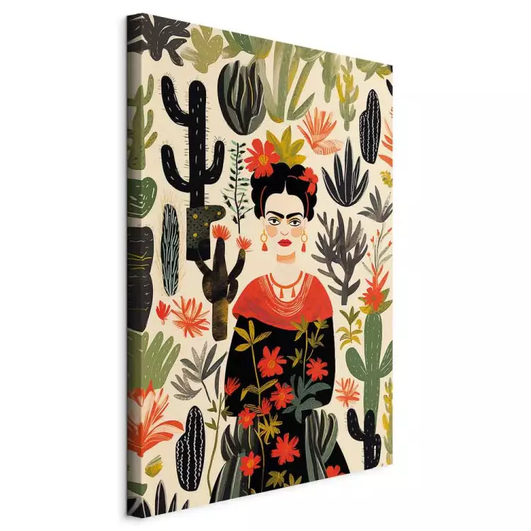 Frida Kahlo - portret artystki pośród pustynnej flory pełnej kaktusów