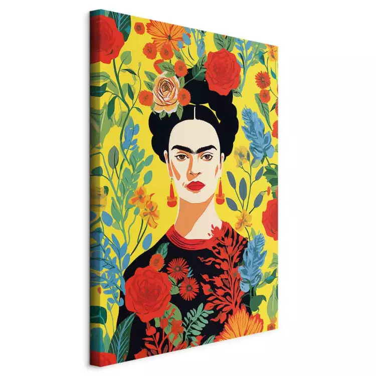 Frida Kahlo - portret artystki na żółtym kwiecistym tle