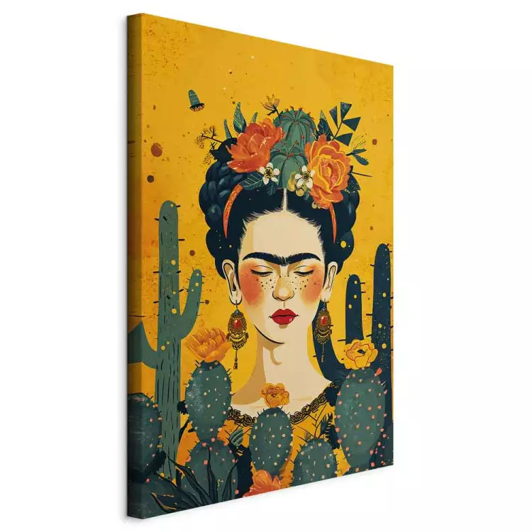 Frida z kaktusami - portret malarki na pomarańczowym tle