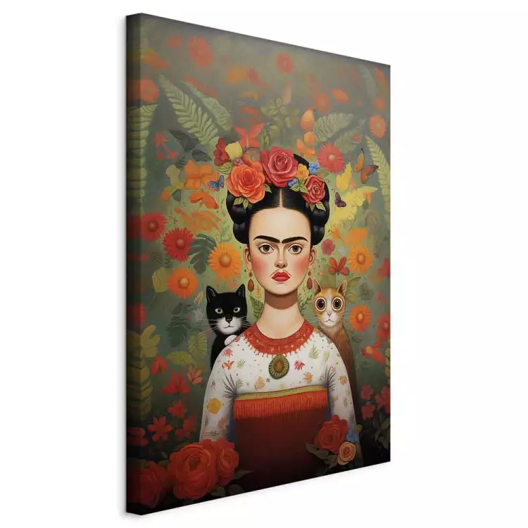 Kreskówkowa Frida - kolorowy portret artystki z dwoma kotkami