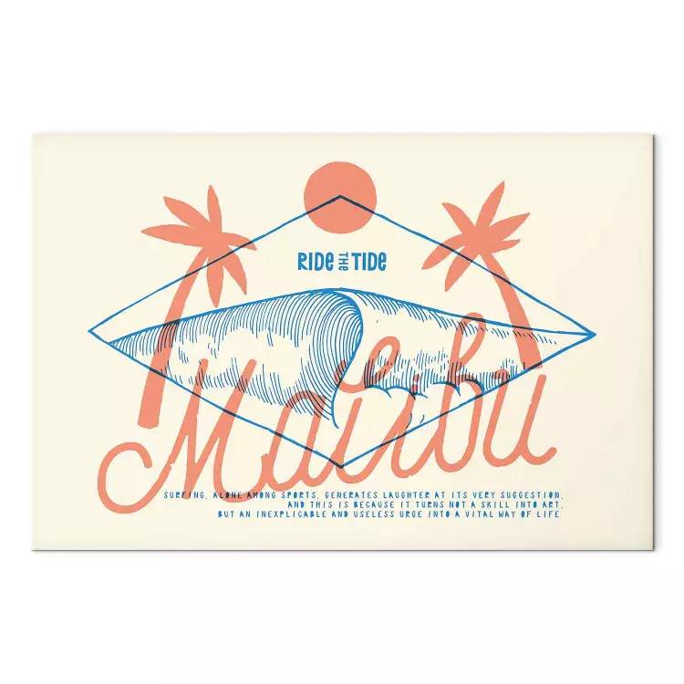 Malibu Surfing - plaża, palmy, duża fala oraz napis "Ride the Tide"