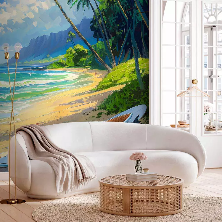 Tropikalna plaża - fale oceanu, palmy i samotna deska surfingowa