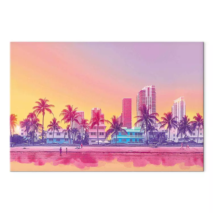 Neonowa plaża - kolorowe budynki i palmy przy zachodzie słońca