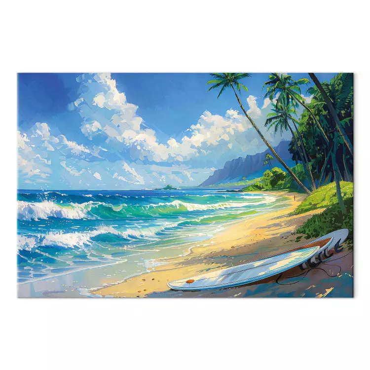 Samotna deska - plaża z falami oceanu i palmami w tle