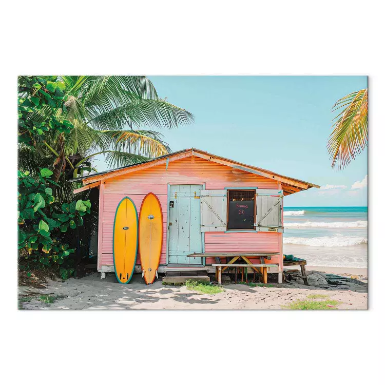 Surfingowa chata - kolorowy domek z deskami na tropikalnej plaży