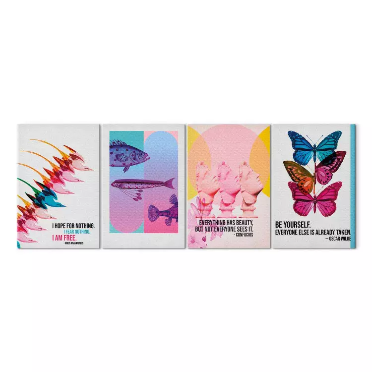 Abstrakcyjne inspiracje - kolorowe ptaki, ryby, popiersia i motyle z cytatami o wolności i pięknie