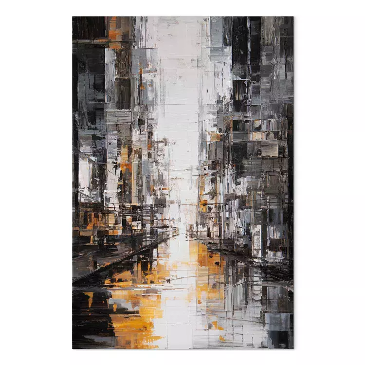 Miasto Lustrzane – geometryczna panorama z żółtym blaskiem i wodą