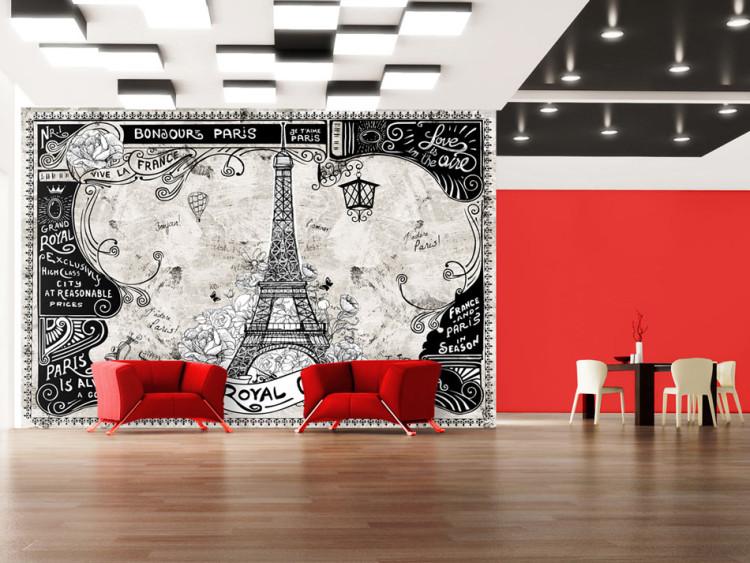Fototapeta Bonjour Paris - czarno-biały kolaż z wieżą Eiffla we francuskim stylu