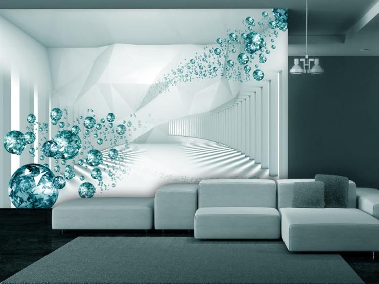 Fototapeta Korytarz - biała geometryczna abstrakcja 3D z niebieskimi diamentami
