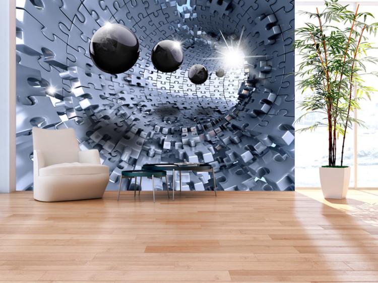 Fototapeta Abstrakcyjna układanka - tunel ze srebrnych puzzli z kulami iluzja 3D