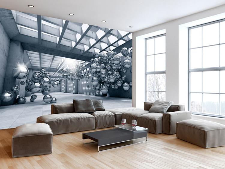 Fototapeta Abstrakcyjna przestrzeń w szarościach - korytarz ze srebrnymi kulami