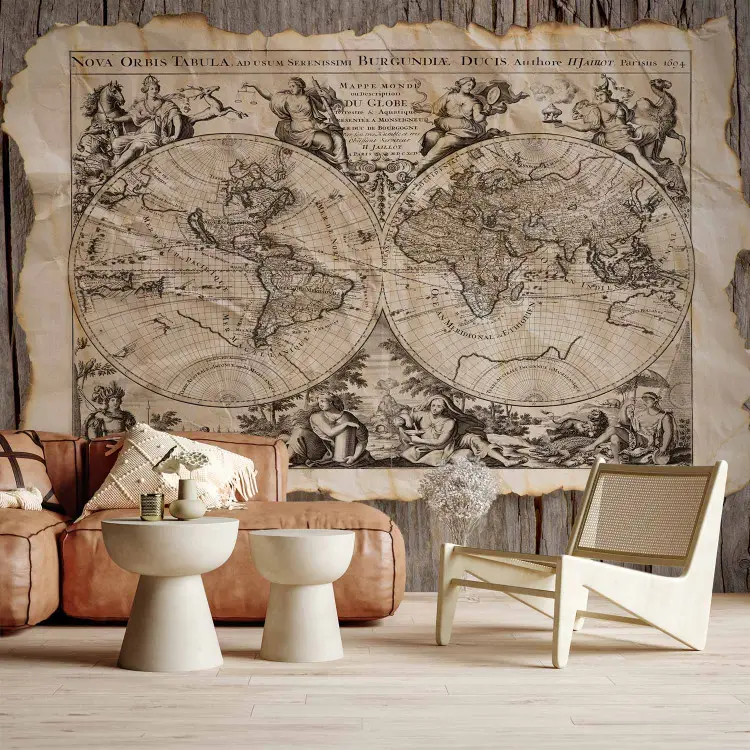 Nova Orbis Tabula - retro mapa świata z postaciami na drewnianym tle