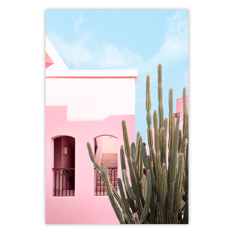 Plakat Kaktus Miami - różowy wakacyjny dom na tle błękitnego nieba i światła 144500