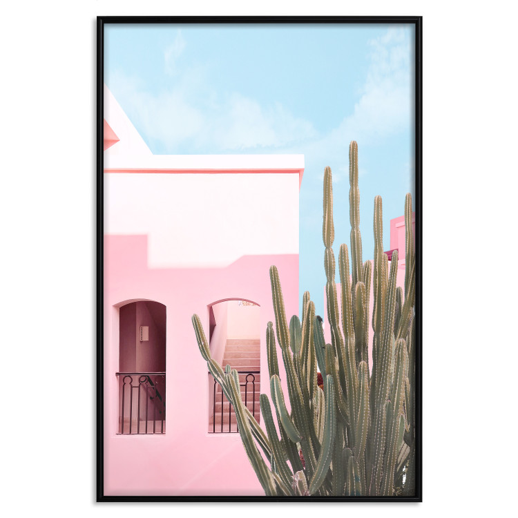 Plakat Kaktus Miami - różowy wakacyjny dom na tle błękitnego nieba i światła 144500 additionalImage 20