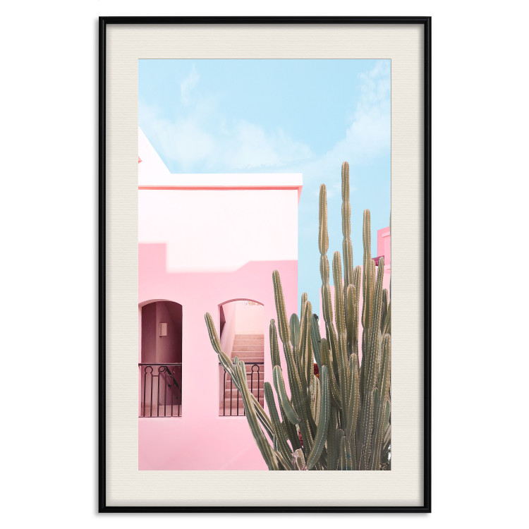 Plakat Kaktus Miami - różowy wakacyjny dom na tle błękitnego nieba i światła 144500 additionalImage 24