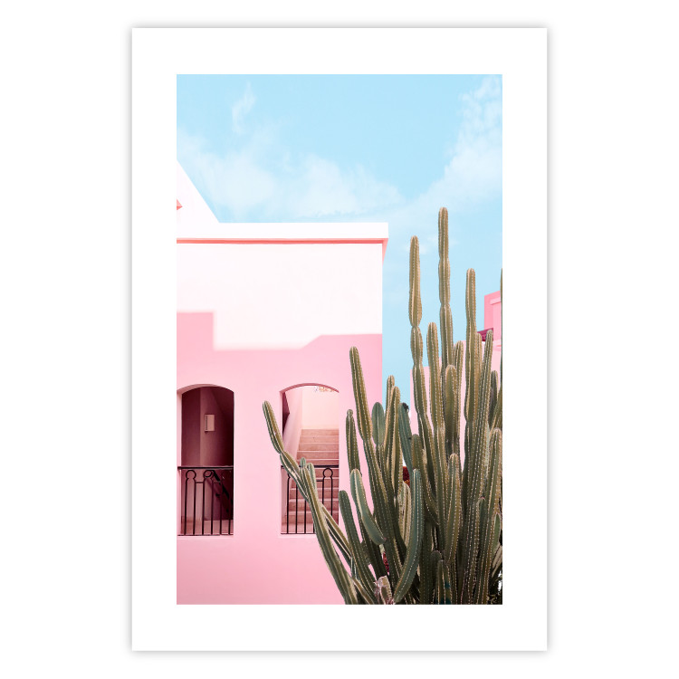 Plakat Kaktus Miami - różowy wakacyjny dom na tle błękitnego nieba i światła 144500 additionalImage 18