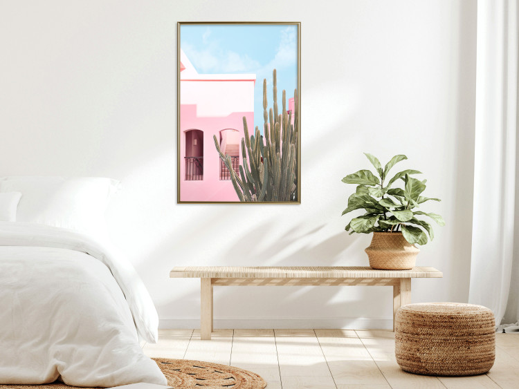 Plakat Kaktus Miami - różowy wakacyjny dom na tle błękitnego nieba i światła 144500 additionalImage 7