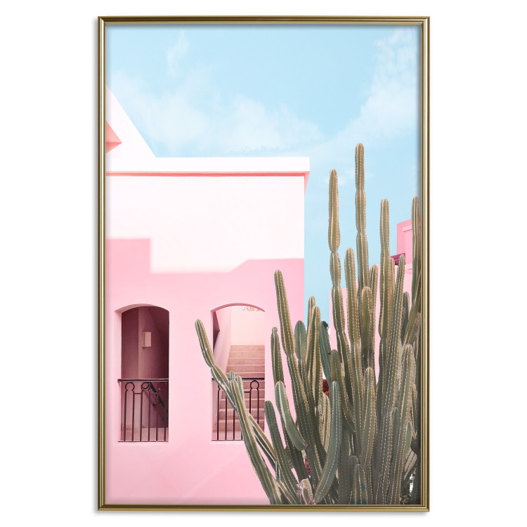 Plakat Kaktus Miami - różowy wakacyjny dom na tle błękitnego nieba i światła 144500 additionalImage 22