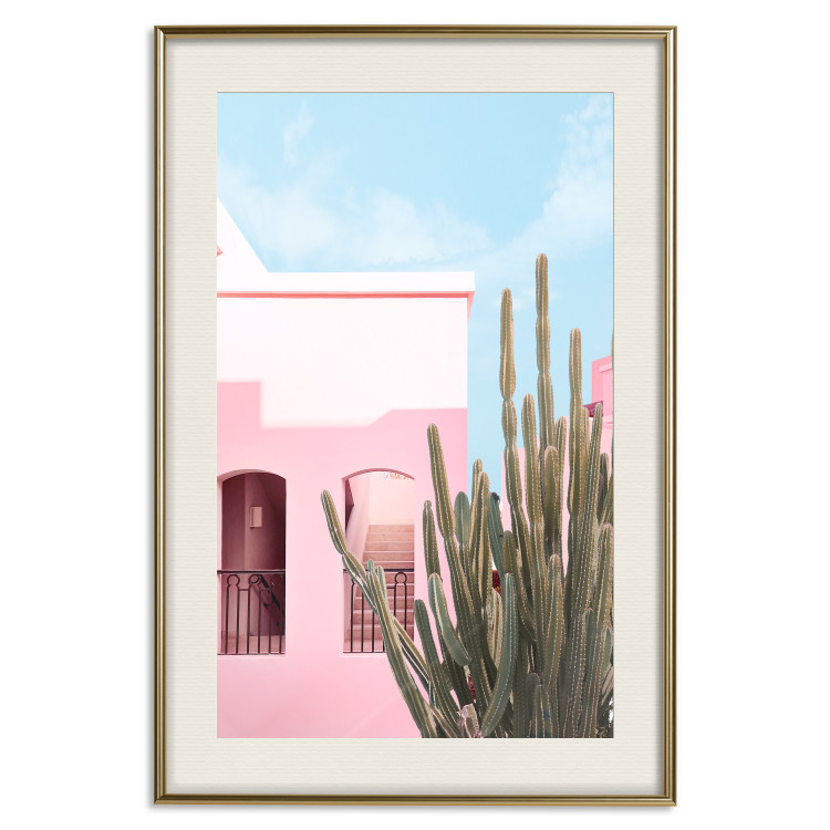 Plakat Kaktus Miami - różowy wakacyjny dom na tle błękitnego nieba i światła 144500 additionalImage 27