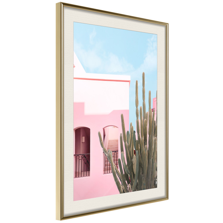 Plakat Kaktus Miami - różowy wakacyjny dom na tle błękitnego nieba i światła 144500 additionalImage 11
