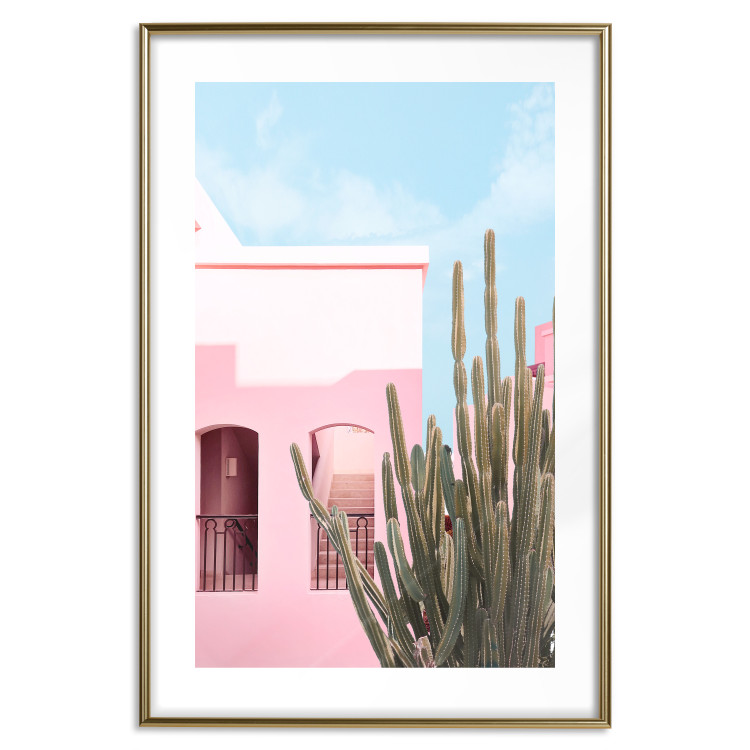 Plakat Kaktus Miami - różowy wakacyjny dom na tle błękitnego nieba i światła 144500 additionalImage 21