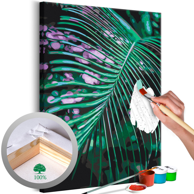 Obraz do malowania po numerach Świeżość poranka - zielony liść palmowy z kroplami wody 146210