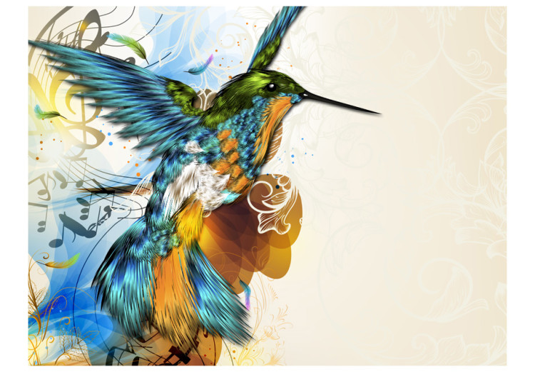Fototapeta Kolorowy ptak koliber - fantazja z nutami na beżowym tle z deseniem 61320 additionalImage 1