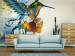 Fototapeta Kolorowy ptak koliber - fantazja z nutami na beżowym tle z deseniem 61320