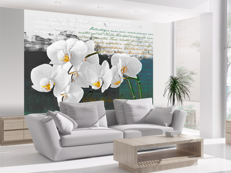 Fototapeta Orchidea - inspiracja poety to biały motyw kwiatowy na tle z napisami 60630