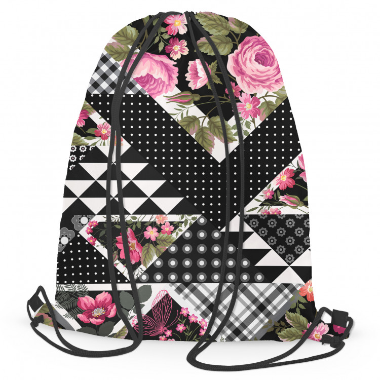 Worek plecak Kwiatowy patchwork - geometryczna, czarno-biała wycinanka z kwiatami 147370