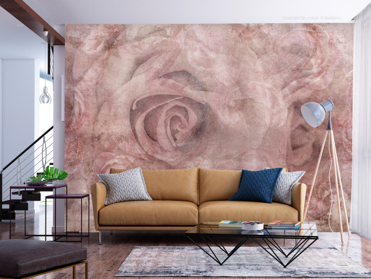 Fototapeta Różana organza - abstrakcyjnie przenikające się róże i piwonie za mglistym woalem w odcieniach pudrowego różu 135490