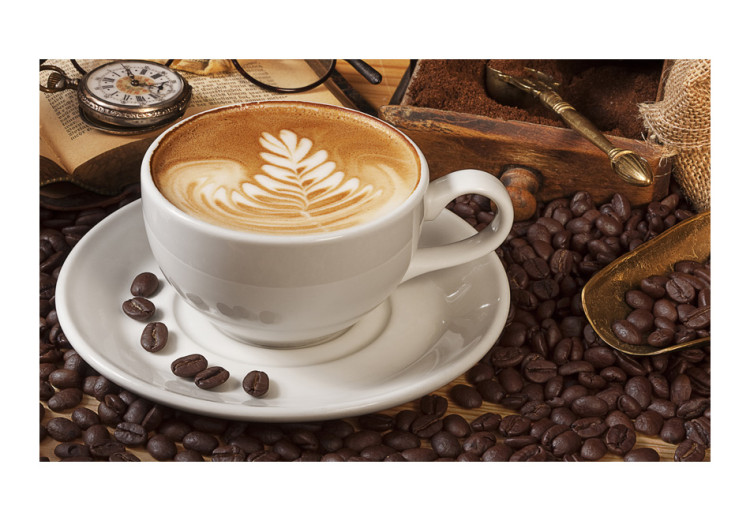 Fototapeta Może kawy? - klasyczna filiżanka białej kawy z książką na brązowym tle 60221 additionalImage 1