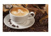 Fototapeta Może kawy? - klasyczna filiżanka białej kawy z książką na brązowym tle 60221 additionalThumb 1