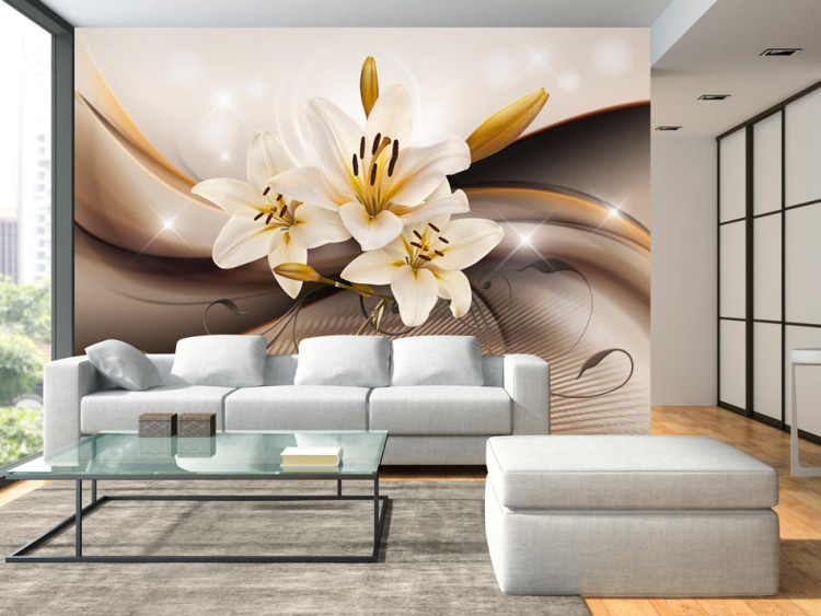 Fototapeta Biała lilia - kompozycja natury z delikatnym tłem złota i blasku 3D 63921