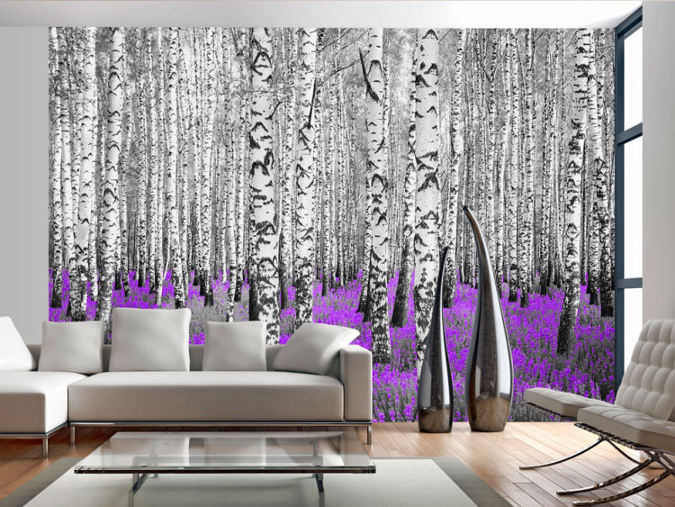 Fototapeta Purpurowy azyl - pejzaż z lasem wysokich drzew z kolorowym akcentem 60531