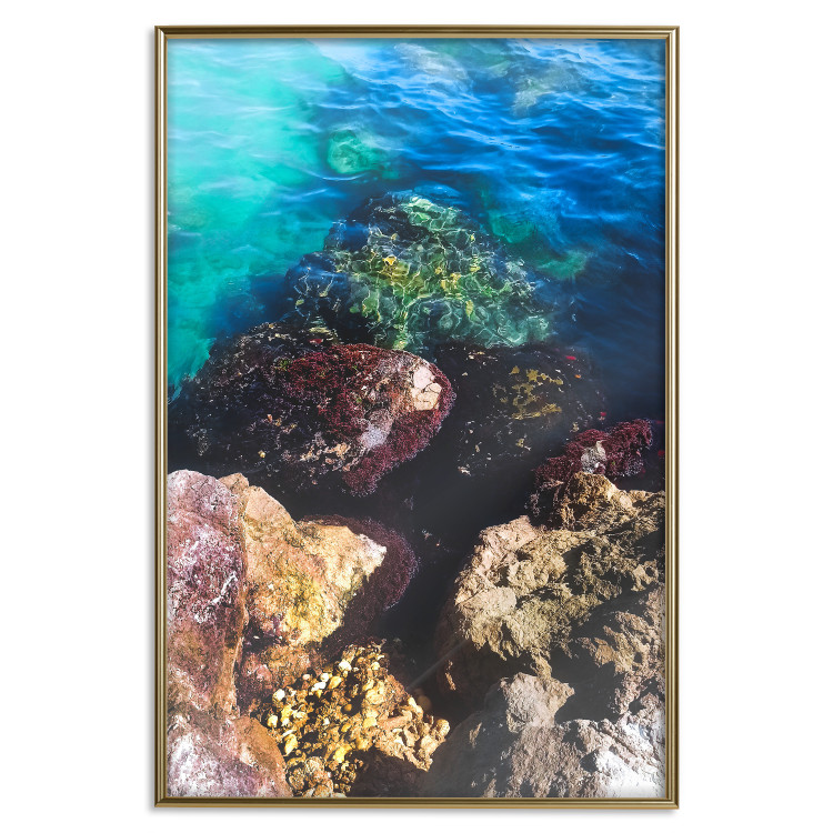Plakat Skalisty brzeg morza - zdjęcie barwnych kamieni i błękitnej wody 146241 additionalImage 23