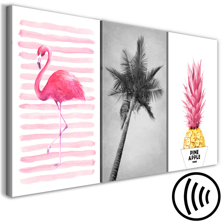 Obraz Egzotyczna kompozycja z flamingiem, palmą i ananasem - tryptyk z martwą naturą, dziką przyrodą i napisami w szarych, różowych i złotych odcieniach 118071 additionalImage 6