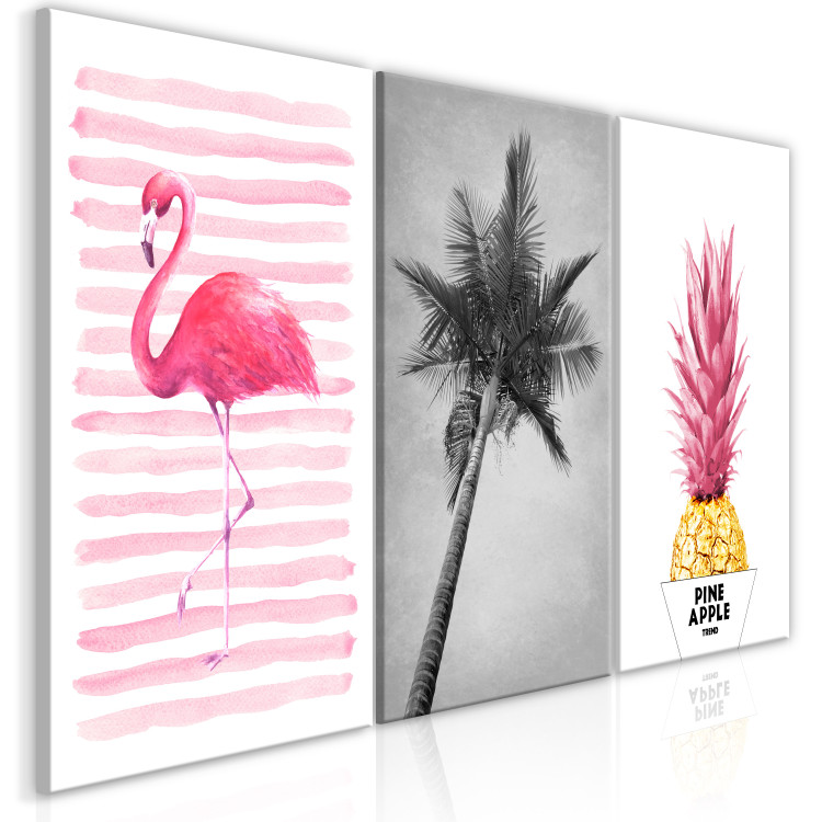Obraz Egzotyczna kompozycja z flamingiem, palmą i ananasem - tryptyk z martwą naturą, dziką przyrodą i napisami w szarych, różowych i złotych odcieniach 118071 additionalImage 2