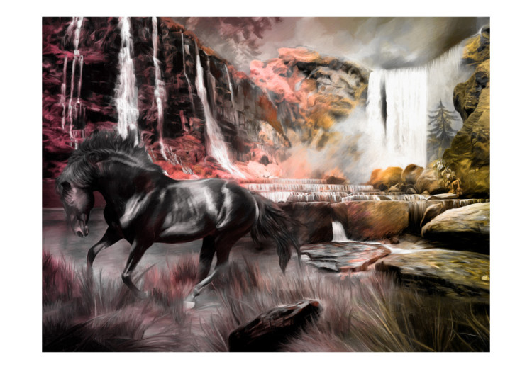 Fototapeta Czarny piękny koń - fantazja przy kamiennym wodospadzie na tle natury 59771 additionalImage 1