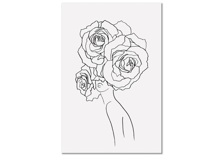 Obraz Na głowie róże - czarno-biała, linearna grafika z sylwetką kobiety 132081