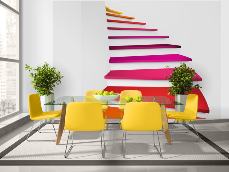 Fototapeta Iluzja 3D - abstrakcja w białej przestrzeni z kolorowymi schodami 59781